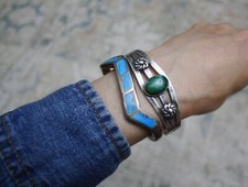 Vintage Fred Harvey Era Navajo Coin Silver Turquoise Cuff Bracelet - Additional view 1