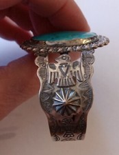 Fred Harvey Era Cuff Turquoise Bracelet VintageThunderbird Arrowhead Sterling P - Additional view 5