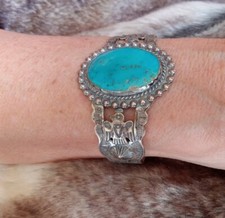 Fred Harvey Era Cuff Turquoise Bracelet VintageThunderbird Arrowhead Sterling P - Additional view 9