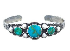 Vintage Fred Harvey Era 3 Stone Royston Turquoise Sterling Silver Cuff Bracelet - Additional view 1
