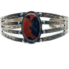 FRED HARVEY ERA Sterling Silver Engraved Cuff Bracelet Petrified Wood 24g Patina - Additional view 1