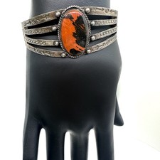 FRED HARVEY ERA Sterling Silver Engraved Cuff Bracelet Petrified Wood 24g Patina - Additional view 3