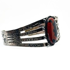 FRED HARVEY ERA Sterling Silver Engraved Cuff Bracelet Petrified Wood 24g Patina - Additional view 5