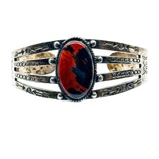 FRED HARVEY ERA Sterling Silver Engraved Cuff Bracelet Petrified Wood 24g Patina