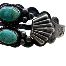 FRED HARVEY Era Coin Silver Turquoise Cuff Bracelet Thunderbird Stamp Work - Additional view 1