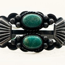 FRED HARVEY Era Coin Silver Turquoise Cuff Bracelet Thunderbird Stamp Work - Additional view 2