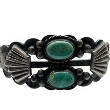 FRED HARVEY Era Coin Silver Turquoise Cuff Bracelet Thunderbird Stamp Work