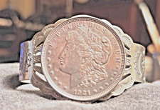 Fred Harvey Era Native American Nickel Silver Morgan Dollar Cuff Bracelet 6.25"