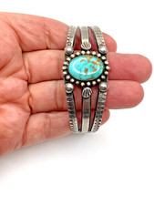 VTG Fred Harvey Era Silver Turquoise Cuff Bracelet Petite 3-Rail Native American - Additional view 12