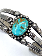 VTG Fred Harvey Era Silver Turquoise Cuff Bracelet Petite 3-Rail Native American - Additional view 6