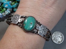 Fred Harvey Era NAVAJO Hachita TURQUOISE Coin Silver THUNDERBIRD 32g Bracelet - Additional view 1