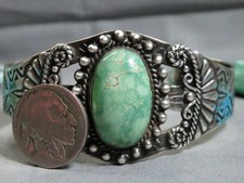 Fred Harvey Era NAVAJO Maisels CARICO LAKE TURQUOISE Sterling Silver 43g CUFF - Additional view 3