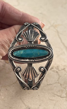 Vintage Fred Harvey Era Bell Sterling 925 Turquoise Ornate Cuff Bracelet - Additional view 2