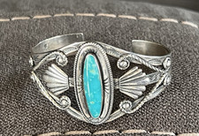 Vintage Fred Harvey Era Bell Sterling 925 Turquoise Ornate Cuff Bracelet - Additional view 16