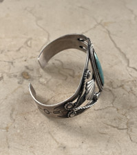 Vintage Fred Harvey Era Bell Sterling 925 Turquoise Ornate Cuff Bracelet - Additional view 3