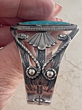 Vintage Fred Harvey Era Bell Sterling 925 Turquoise Ornate Cuff Bracelet - Additional view 7