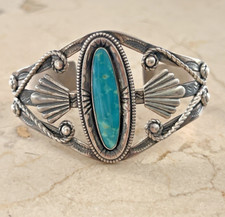 Vintage Fred Harvey Era Bell Sterling 925 Turquoise Ornate Cuff Bracelet