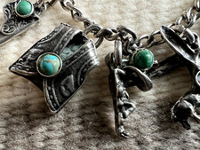 Vtg SOUTHWESTERN FRED HARVEY ERA 11-CHARM BRACELET ster. snake eye turquoise 7