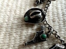Vtg SOUTHWESTERN FRED HARVEY ERA 11-CHARM BRACELET ster. snake eye turquoise 7