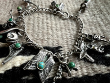 Vtg SOUTHWESTERN FRED HARVEY ERA 11-CHARM BRACELET ster. snake eye turquoise 7"