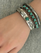 VTG FRED HARVEY ERA Navajo Turquoise Whirling Logs REPOUSSE Silver Bracelet Sz7 - Additional view 10