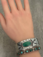 Vintage FRED HARVEY ERA Navajo Turquoise Thunderbird Sterling Bracelet 6.75 in - Additional view 1