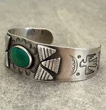Vintage FRED HARVEY ERA Navajo Turquoise Thunderbird Sterling Bracelet 6.75 in - Additional view 3