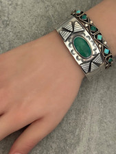Vintage FRED HARVEY ERA Navajo Turquoise Thunderbird Sterling Bracelet 6.75 in - Additional view 4