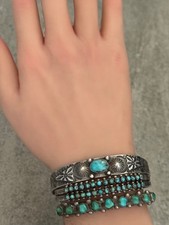 Old Vintage Fred Harvey Era Navajo Turquoise Repousse Coin silver Bracelet - Additional view 1