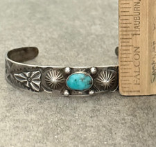 Old Vintage Fred Harvey Era Navajo Turquoise Repousse Coin silver Bracelet - Additional view 11