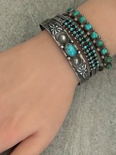 Old Vintage Fred Harvey Era Navajo Turquoise Repousse Coin silver Bracelet - Additional view 4