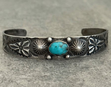 Old Vintage Fred Harvey Era Navajo Turquoise Repousse Coin silver Bracelet