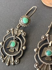 EARLY FRED HARVEY ERA Navajo Turquoise THUNDERBIRD Sterling Earrings - Additional view 1