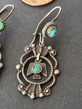 EARLY FRED HARVEY ERA Navajo Turquoise THUNDERBIRD Sterling Earrings - Additional view 2