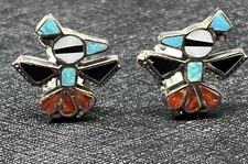 Zuni THUNDERBIRD Inlayed Earrings STERLING SILVER Fred Harvey Era Clip 1926 Pat - Additional view 1