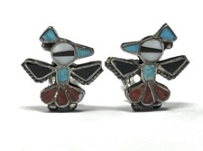 Zuni THUNDERBIRD Inlayed Earrings STERLING SILVER Fred Harvey Era Clip 1926 Pat - Additional view 4