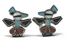 Zuni THUNDERBIRD Inlayed Earrings STERLING SILVER Fred Harvey Era Clip 1926 Pat