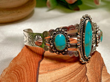 Fred Harvey Era Bell Trading Post Turquoise Three Stone Sterling Cuff Bracelet - Additional view 1