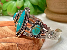 Fred Harvey Era Bell Trading Post Turquoise Three Stone Sterling Cuff Bracelet - Additional view 2
