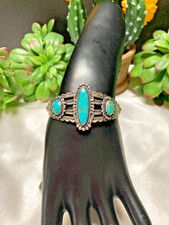 Fred Harvey Era Bell Trading Post Turquoise Three Stone Sterling Cuff Bracelet - Additional view 4