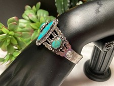 Fred Harvey Era Bell Trading Post Turquoise Three Stone Sterling Cuff Bracelet - Additional view 5