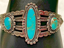 Fred Harvey Era Bell Trading Post Turquoise Three Stone Sterling Cuff Bracelet - Additional view 6