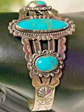 Fred Harvey Era Bell Trading Post Turquoise Three Stone Sterling Cuff Bracelet - Additional view 7