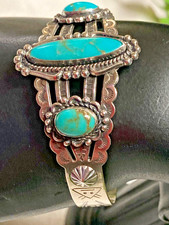 Fred Harvey Era Bell Trading Post Turquoise Three Stone Sterling Cuff Bracelet - Additional view 8