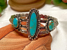 Fred Harvey Era Bell Trading Post Turquoise Three Stone Sterling Cuff Bracelet