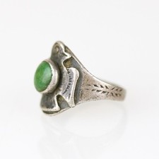 Old 1930's Navajo Fred Harvey Coin Silver Turquoise Thunderbird Ring Sz 1.75 - Additional view 1