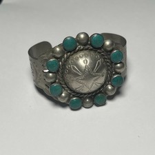 Vintage Fred Harvey Era Native American Silver Tone Cuff Bracelet