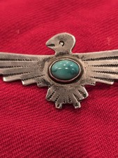 Fred Harvey Sterling Silver Turquoise Thunderbird Pin Brooch 2 1/2 Inches - Additional view 1