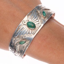6.75" 1930 Fred Harvey Snake turquoise eyes Navajo sterling silver cuff bracelet