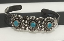 Fred Harvey Era Bracelet Silvertone Faux Turquoise Vintage Small Cuff - Additional view 1